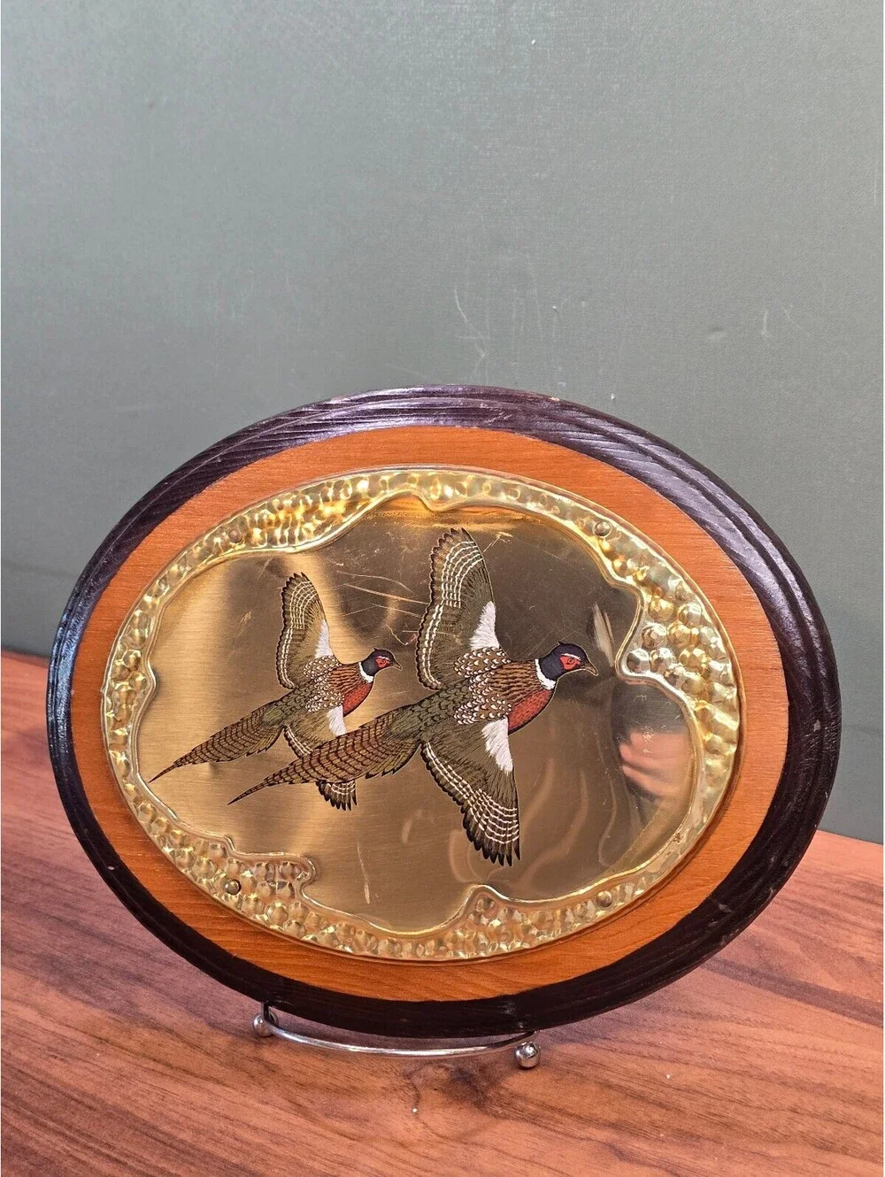 Vintage Flying Pheasant Wood Brass Wall Plaque Mixed Media Sign